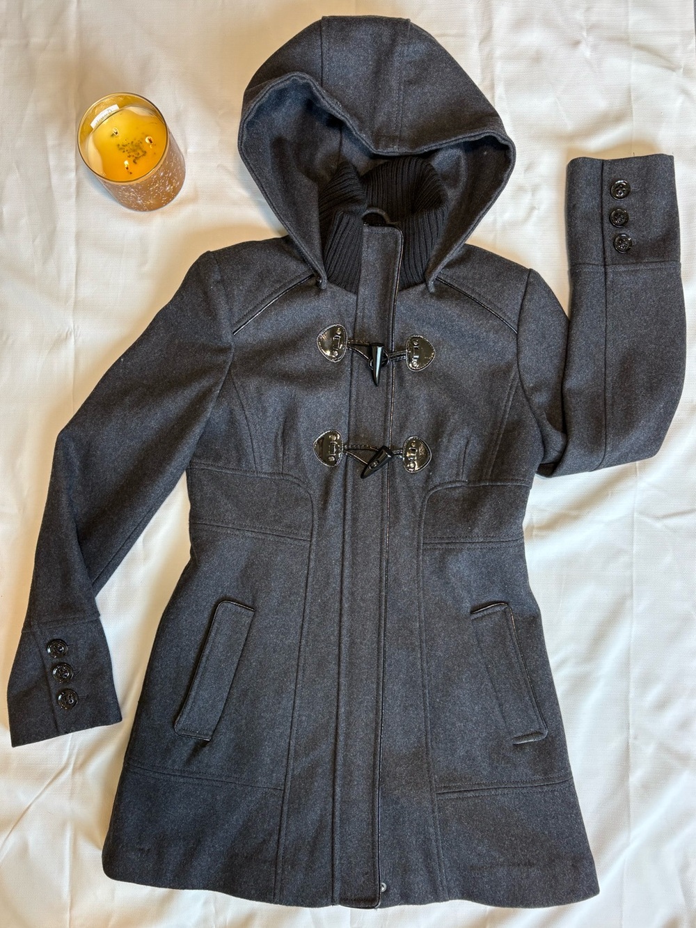 Guess Women’s Charcoal Toggle Button Closure With Zipper Coat Jacket; S